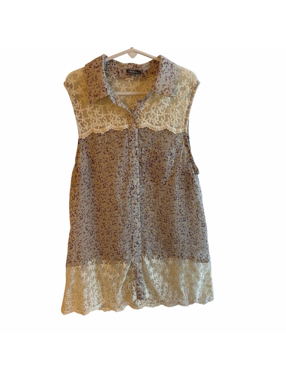 Charlotte Russe XS Floral Lace Collared Button-Front Sleeveless Sheer